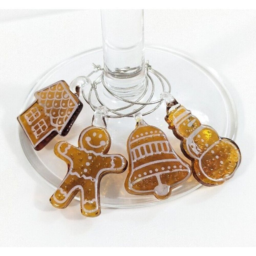 Gingerbread cookie holiday themed Wine glass Charms Set Of 4 - glass charms